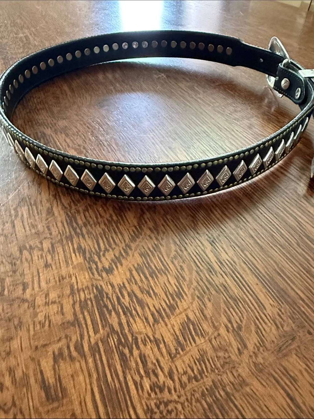 Riveted cowboy Crome Western Black Studded Belt with Silver buckle - 34” waist